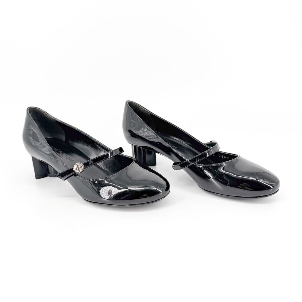 Louis Vuitton Black Patent Flower Heel Mary Jane Pumps Shoes Size 37 US 7 Women